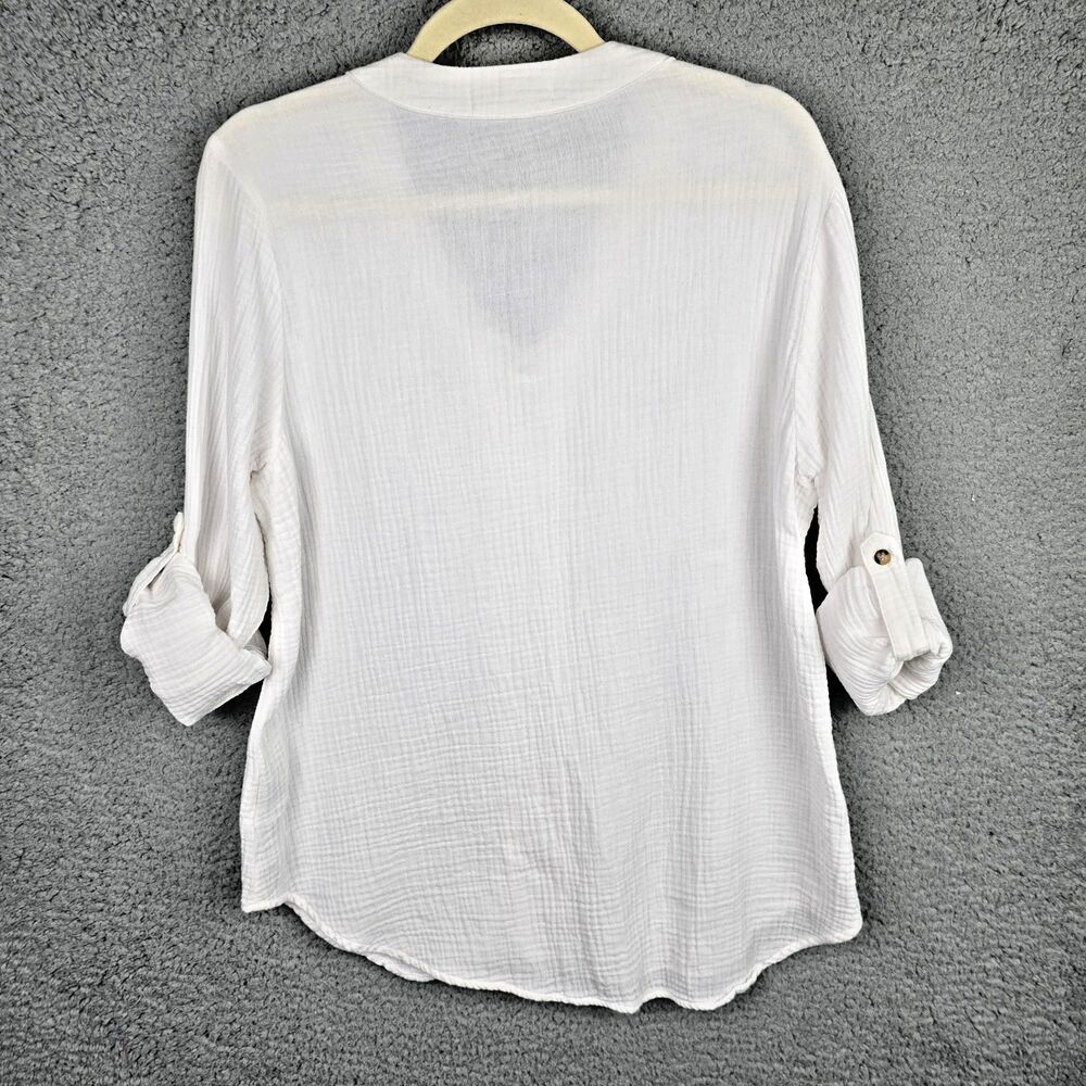 Side Stitch LA Cover Up Women M White Cotton Roll Tab Sleeves Lace Up V-Neck - Picture 2 of 12